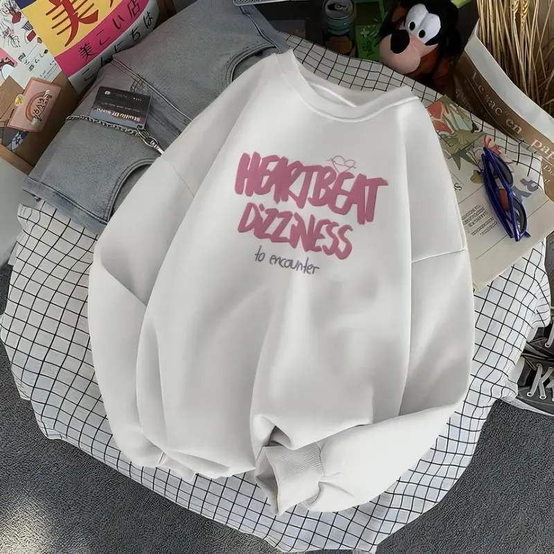 Sweater Crewneck Heart Beat Love Wanita Panjang Oversize BLUS Atasan Oblong Hoodie Sweatshirt baju atasan wanita Korean S Cewek Basic Korean S Fleece Kaos 3