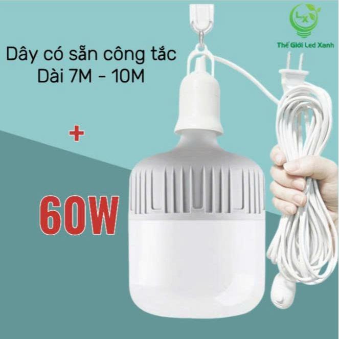 Combo Bóng đèn led 60W sáng trắng + Dây sẵn công tắc dài 7 mét hoặc 10 mét - đèn led tiết kiệm điện năng