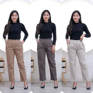 Celana Kerja Wanita Pinggang Karet Model Panjang Kulot Bahan Katun Combed Stretch Standar Jumbo Nyaman Formal Basic Hitam Loose Linen Cocok untuk Wanita Modern - Kantor