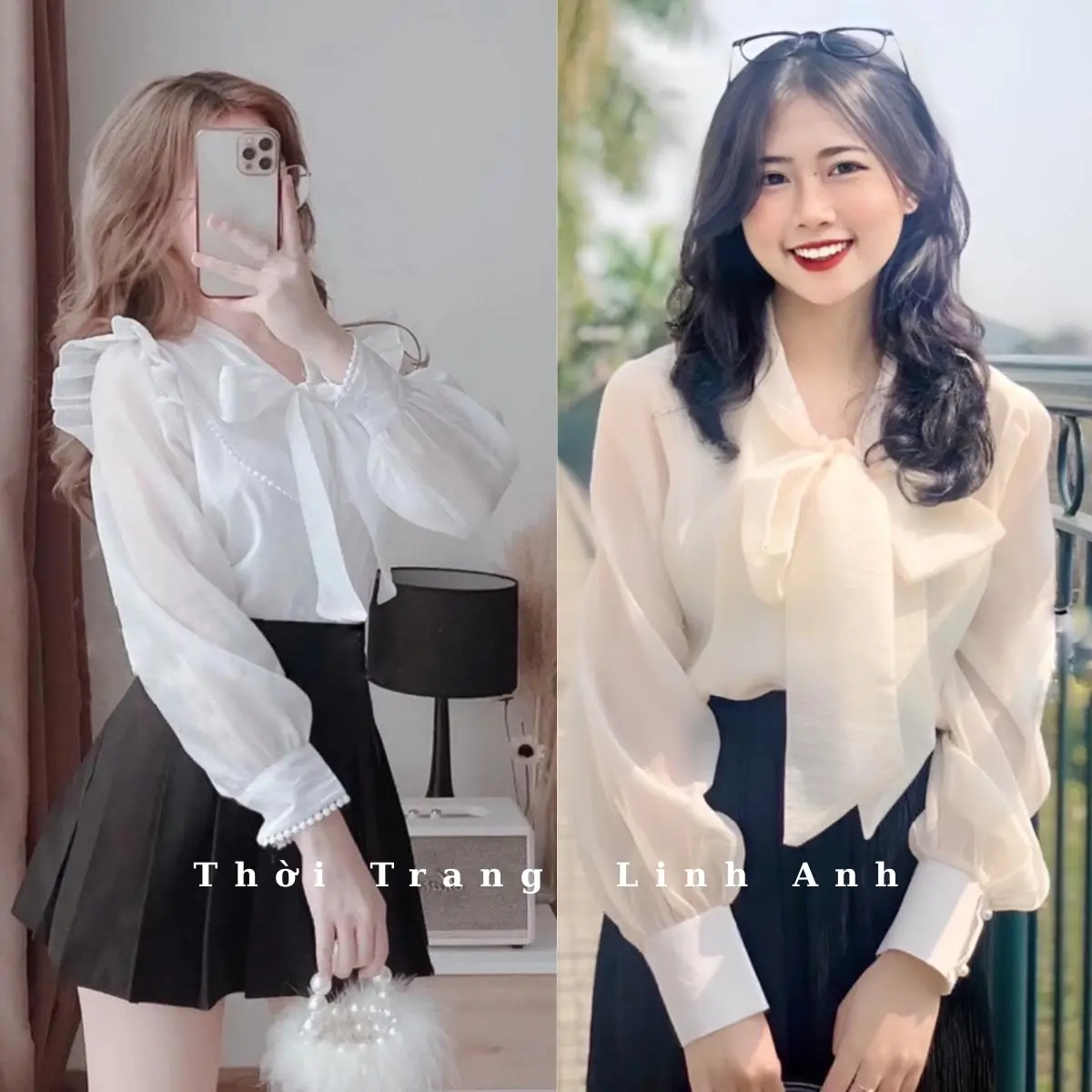 Áo sơ mi nữ tay bồng cổ nơ khuy ngọc tiểu thư 2 lớp  2 Màu Trắng - Be Top Women Shirt 【 màu trắng】 ez109 sang trọng