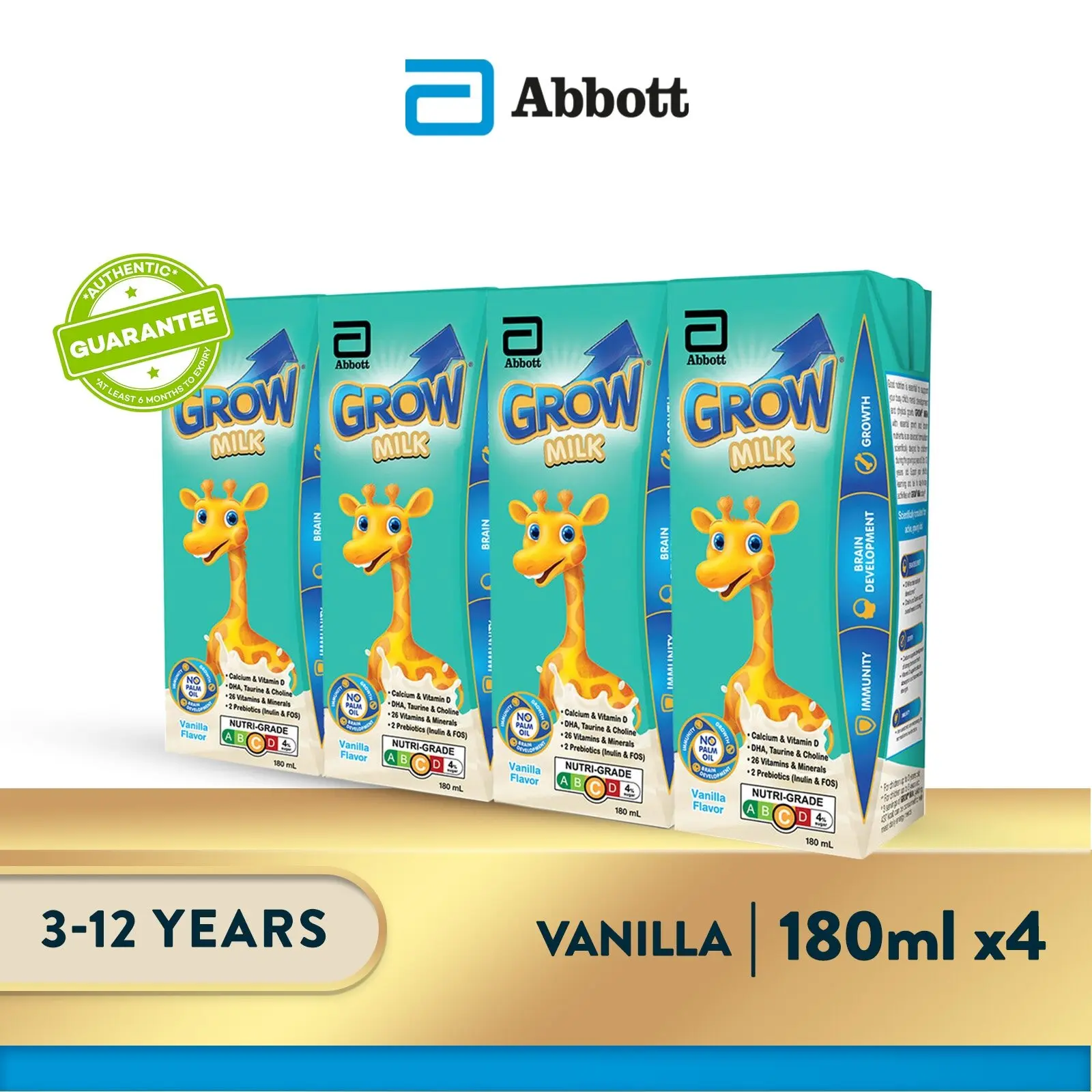 GROW Growing Up Milk for Kids - Ready-To-Drink Vanilla (3 - 12 years) - 4x180ml