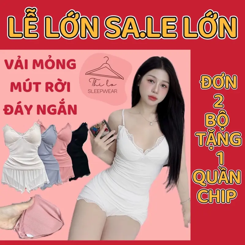 Bộ Ngủ Thun Tăm Dùi Phối Ren Ôm, Mỏng, Ngắn [B01] Nữ Nhung Voi