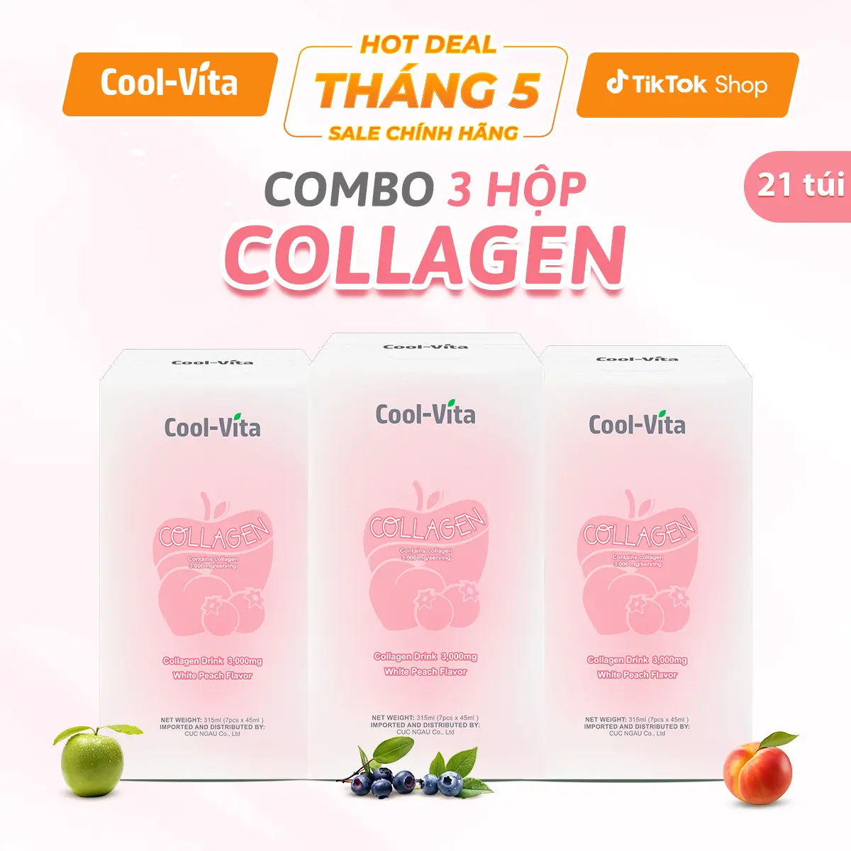 [Live] Combo 3 Hộp Nước Uống Collagen Peptide 3000mg Coolvita Hỗ Trợ Trẻ Hóa Sáng Da, Hỗ Trợ Dưỡng Tóc và Móng (45ml× 7 túi)/hộp