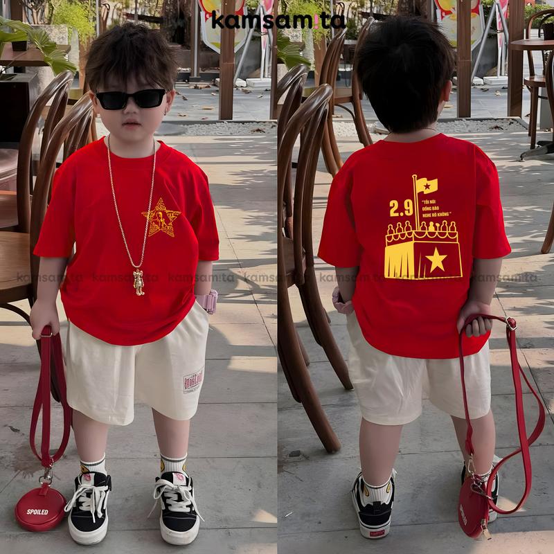 [12-100kg] Áo cờ đỏ sao vàng 2.9 quốc khánh bác Hồ, áo thun yêu nước cho bé và gia đình cao cấp KAMSAMITA form Oversize bản đặc biệt vải cotton premium chính phẩm 95% cotton 5% spandex co giãn 4 chiều cộc tay cho bé 2-10 tuổi mặc hè thoáng mát
