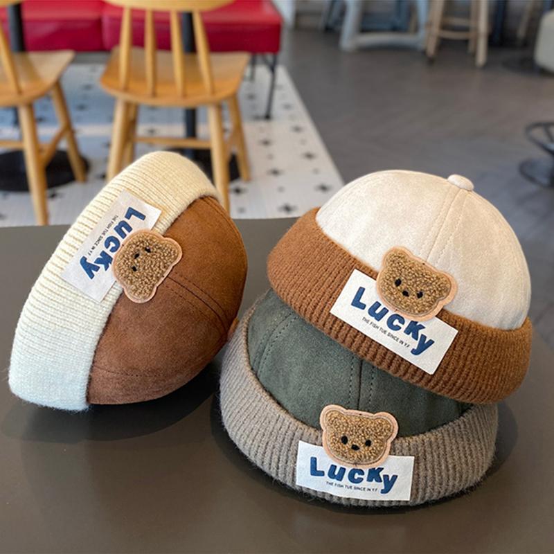 Product Introduction of 1-4Y Windproof Suede Kids Landlord Hat Korean Bear Baby Knit Brimless Cap Children Melon Caps Autumn Winter Warm Docker Hats 2