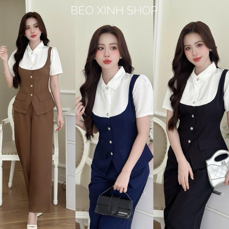 Set Quần Áo Cổ Sơ Mi Phối Nút Sang Trọng Vải Cotton Lạnh Thanh Lịch Cho Các Nàng 40 - 95Kg Nữ Top Women Xoè - A.1551
