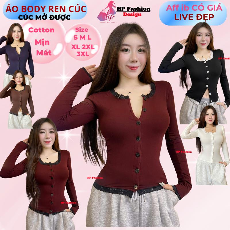   MỞ BÁN  Áo thun body  dài tay cúc cài phối ren áo nữ kiểu nữ basic vải thun cotton borip trơn co giãn 4 chều thoáng mát thấm hút mồ hôi size S M L Xl XXL  có bigsize mùa hè noel tết HP86 
