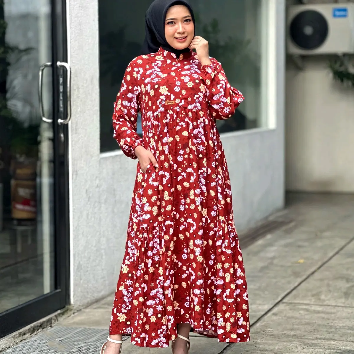 Melisha Midi Dress Motif Bunga Rayon Printing Tebal Alus Adem Cantik Diamond Nyaman Panjang Muslim