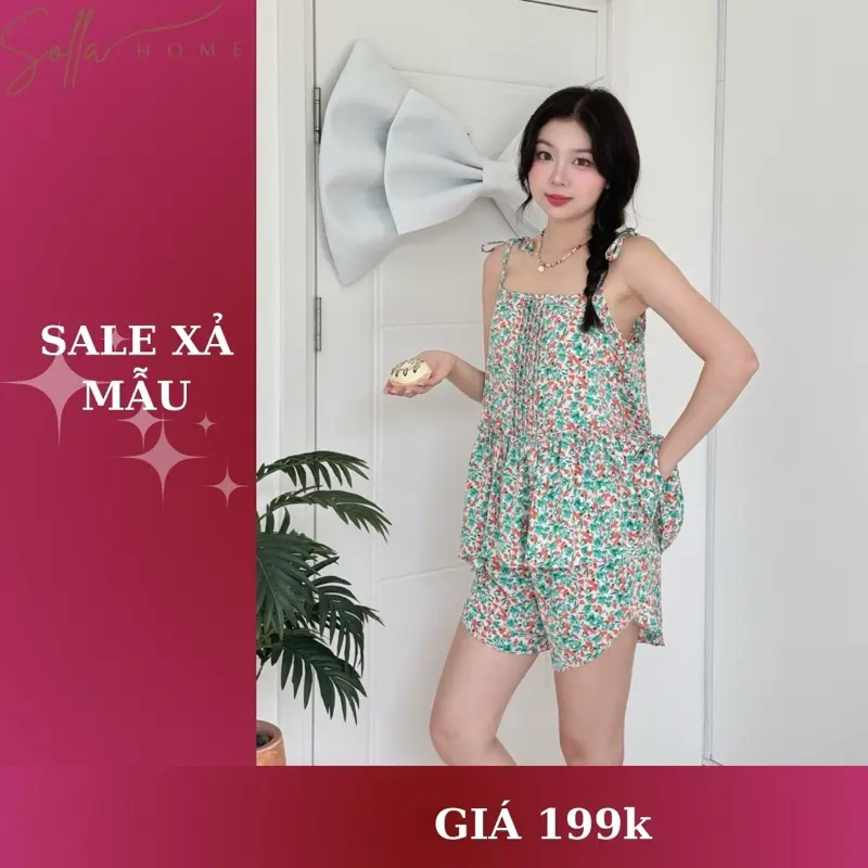 SOLLA HOME - Bộ Mặc Nhà Nữ Hai Dây Buộc Nơ Hoạ Tiết Hoa Nhí 0