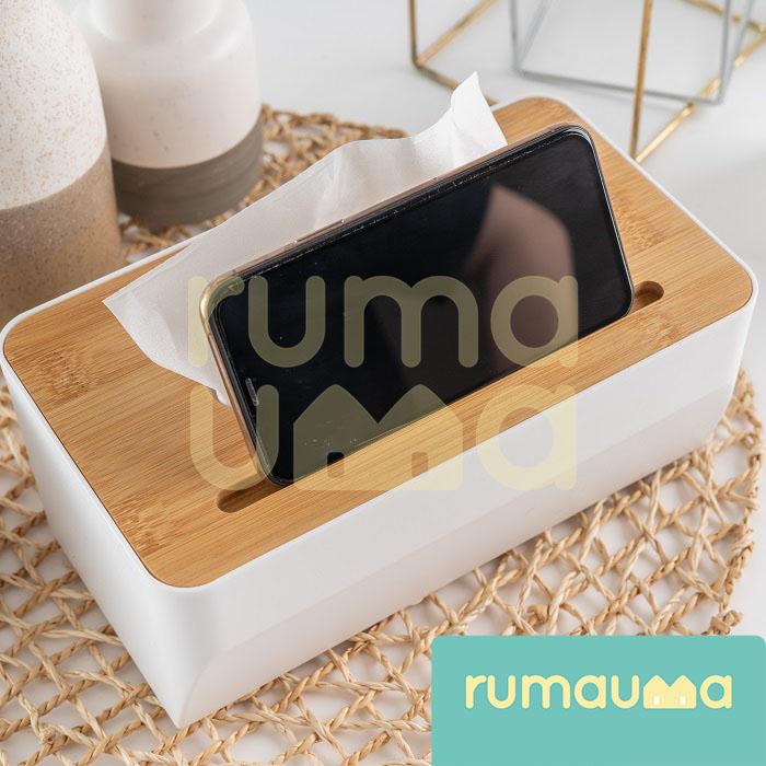 RUMAUMA Wood Tissue Box With Smartphone Holder - Kotak Tissue Kayu 1