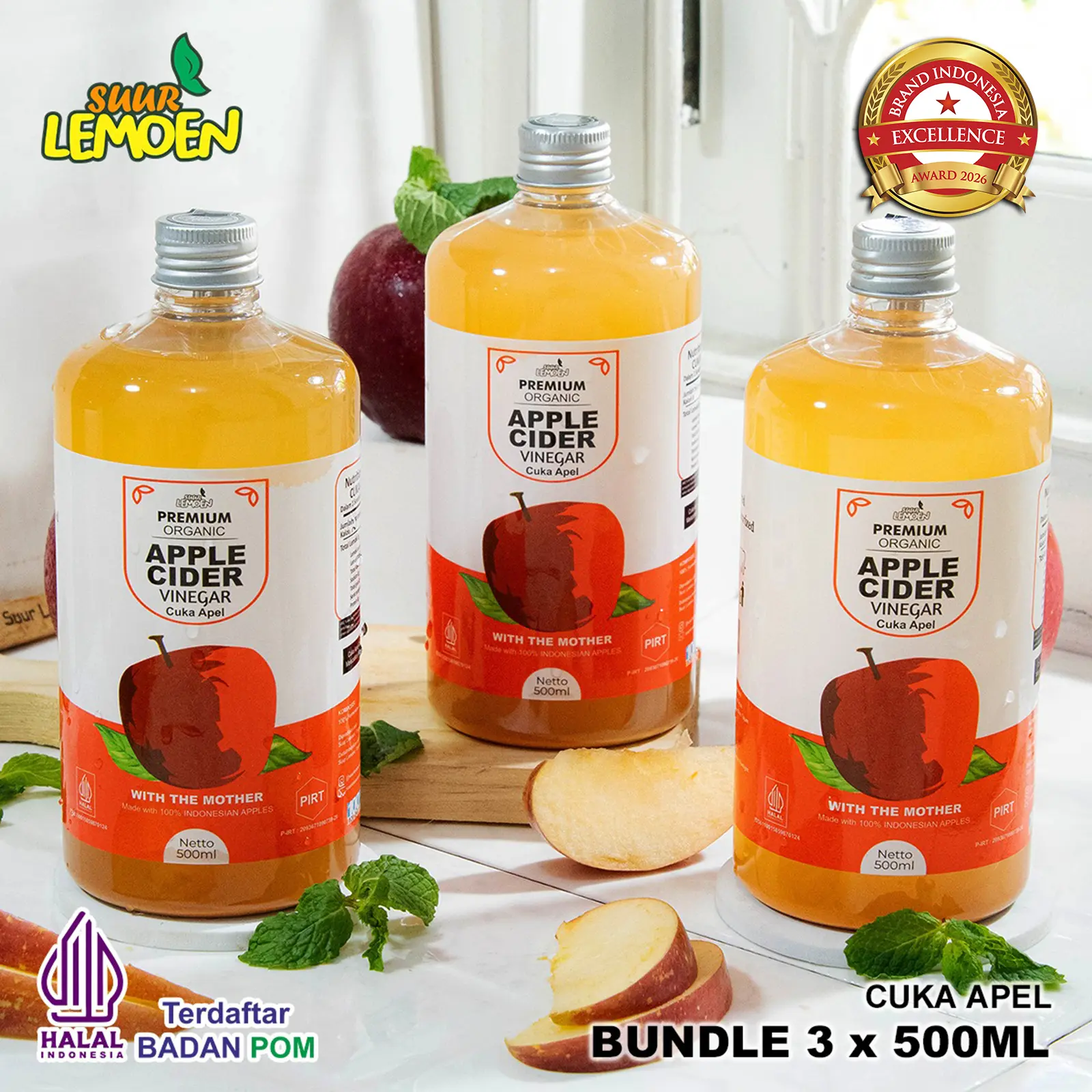 Suur Lemoen Cuka Apel Bundle 3 x 500ml Apple Cider Vinegar Premium