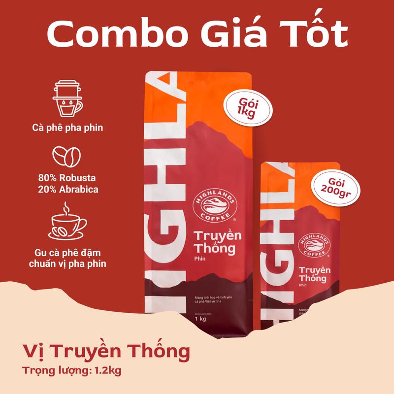   Combo giá tốt  Cà phê rang xay Truyền thống Highlands coffee 1kg và gói 200gr. Cafe pha phin đen đá sữa đá vị đậm đà nguyên bản chất Việt 