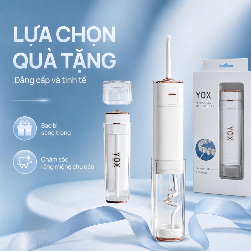 YOX Máy tăm nước mini Nhật - Quà Tết sức khỏe - 3 mode, IPX7, 75ml - Tặng 2 đầu phun gia đình Sạc Nhanh Bộ