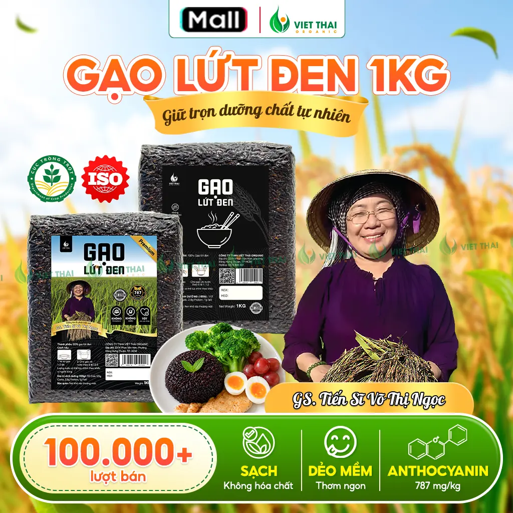 [Siêu Ngon] Gạo Lứt Đen Sạch Nguyên Chất Eat Clean Thực Dưỡng - Dẻo Mềm Không Cần Ngâm Việt Thái Organic (Túi 1KG)