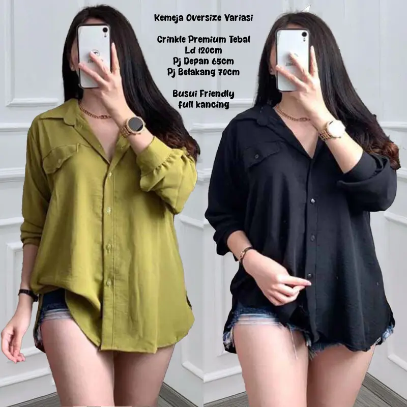 Kemeja Atasan Baju Wanita Polos Oversize Kancing Lengan Panjang Balon Crinkle Airflow 1