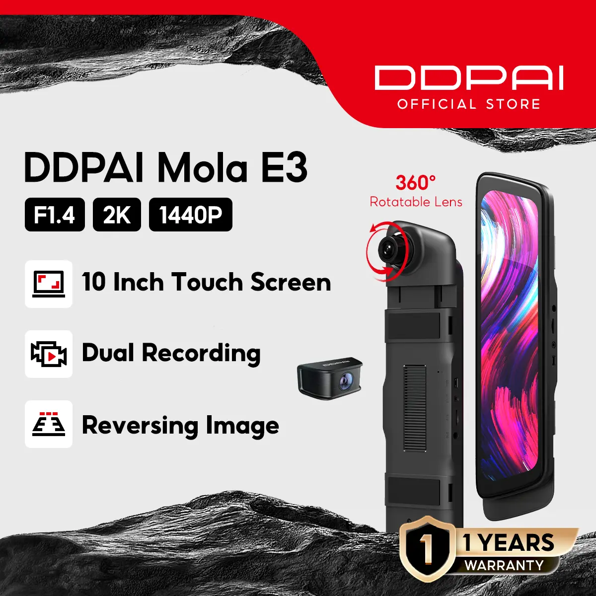 DDPAI Mola E3 Rearview DashCam 10 inch Touch full screen 1440p 2K HD Night Version 24 hrs Parking