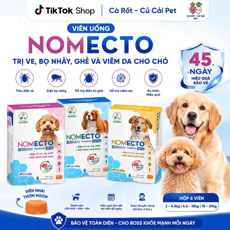 Viên uống trị ve, bọ nhảy, ghẻ và viêm da cho chó Bossen Nomecto - Kiểm soát ve bọ nhảy ở chó trong vòng 45 ngày