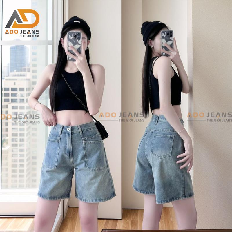 Quần jean ngố nữ lưng cao ống rộng,phối túi trước cá tính (S27)