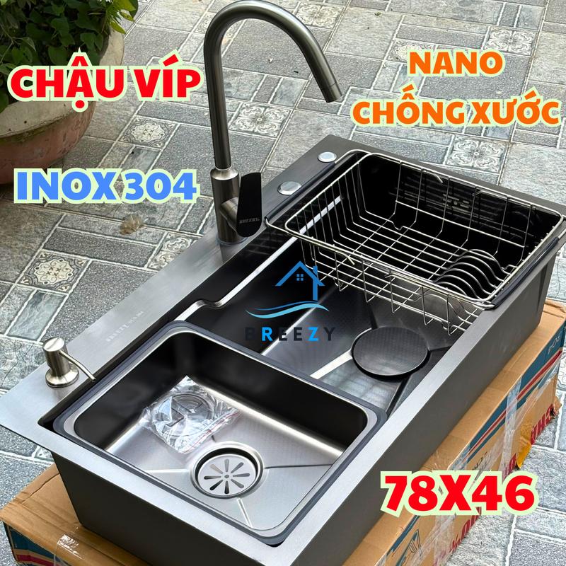 Chậu rửa chén/ bát NANO chống xước cao cấp inox 304 kt 78x46 - Breezy