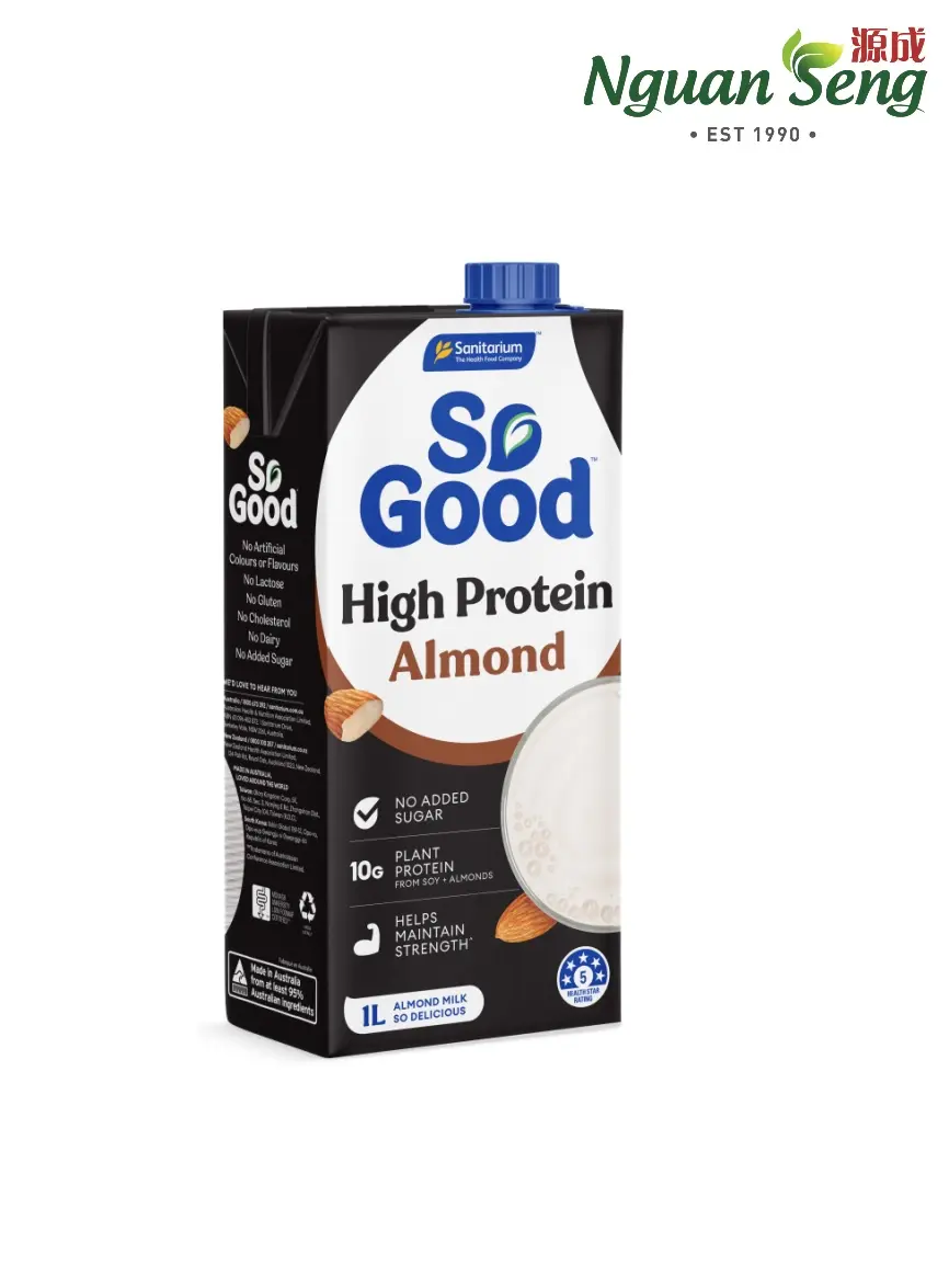 So Good High Protein Almond Milk 1L providing a complete protein source. It has 10g of protein per serve, is high in calcium and contains no added sugar.” Enjoy in smoothies, cereal and protein shakes.