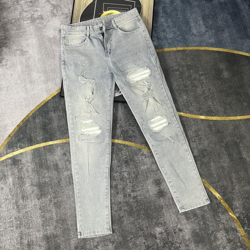 Quần jean nam rách vá gối to chất bò cotton co dãn màu xanh nhạt quần vá da QJN5EA57 Pants Menswear