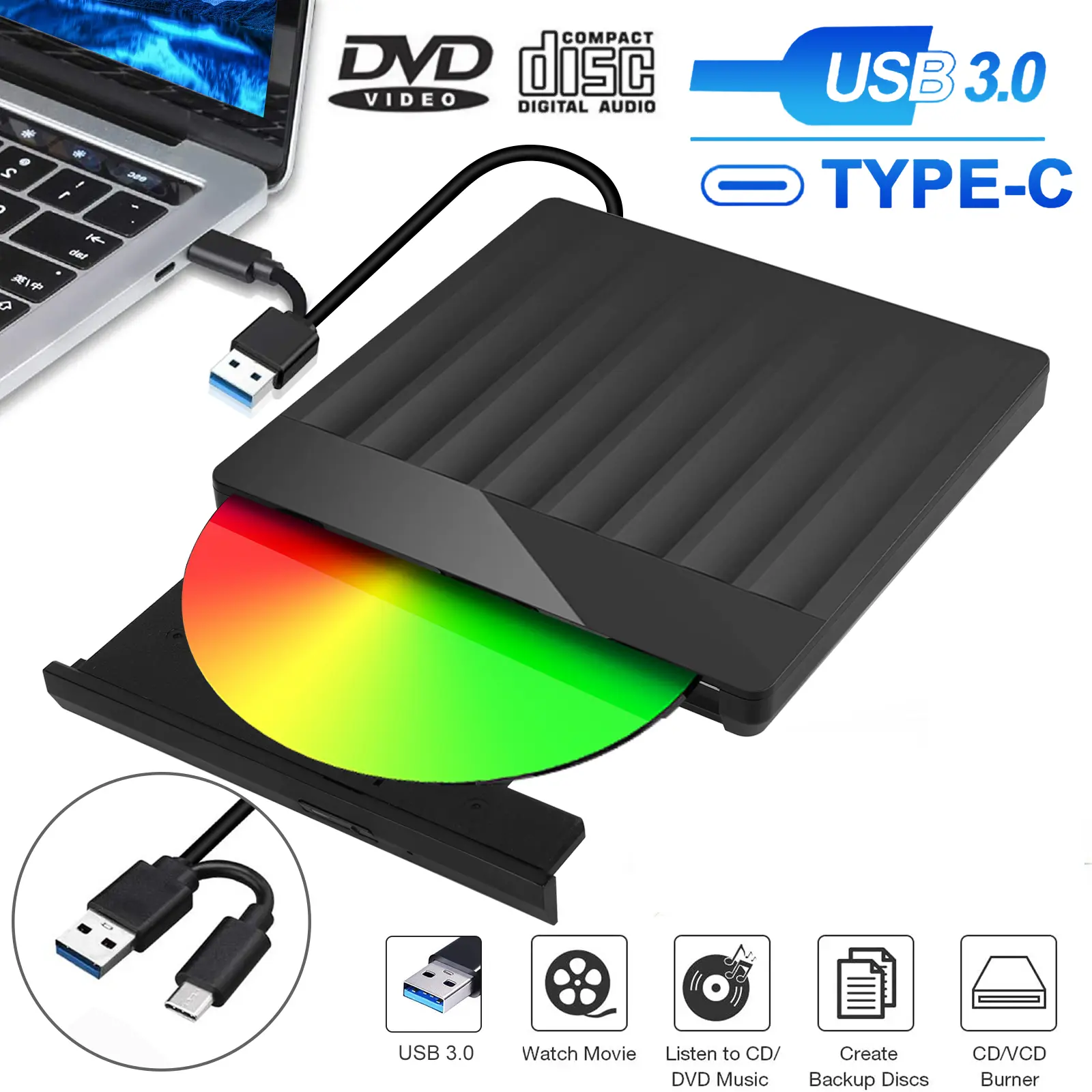 Portable External DVD/CD RW Drive Burner/Reader/Writer Driver (USB 3.0+USB-C) (Plug and Play) SGStock