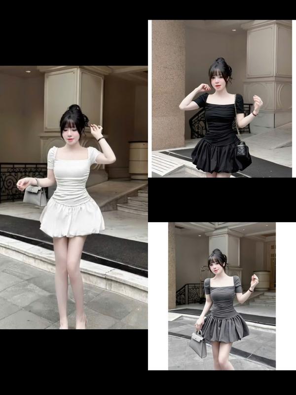 Đầm Thun Tăm Nhún Tùng Phối Chân Váy Bí Cực Xinh Xắn(đã có quần bảo hộ đi kèm) - Thinhhanstore