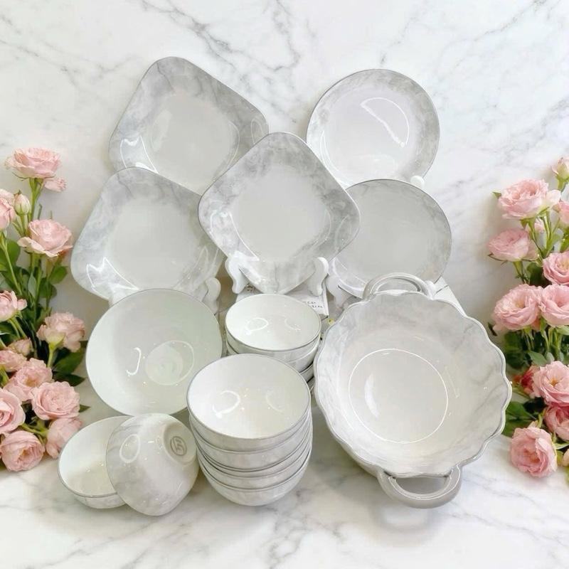  Sét bát đĩa gốm sứ Vân đá gốm sứ cao cấp loại 1 sét 3 đĩa vuông 2 đĩa tròn 