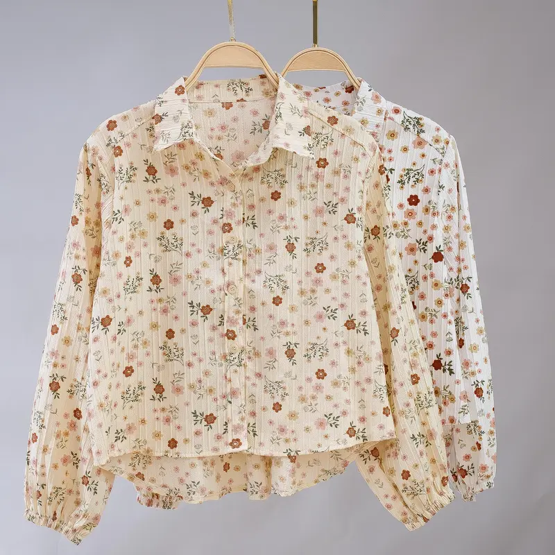 Atasan Fashion Korea Style Lengan Panjang Blus Wanita Musim Panas Casual Blouse Motif Bunga Bahan import 3