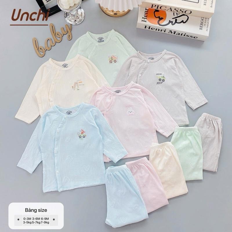 Bộ quần áo dài tay petit Unchi mềm mại mịn mềm co giãn cho bé sơ sinh 0-9m [ VÂN DỌC DÀIIIIII ]
