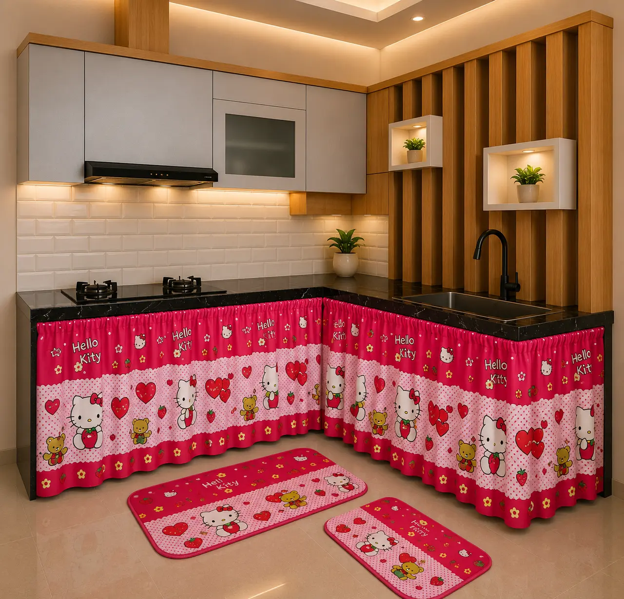 Gorden Kolong Dapur Bawah wastafel Bahan Lembut Bonus Tali + bonus cempal katel ( lapik penahan panas untuk wajan) 1 pcs