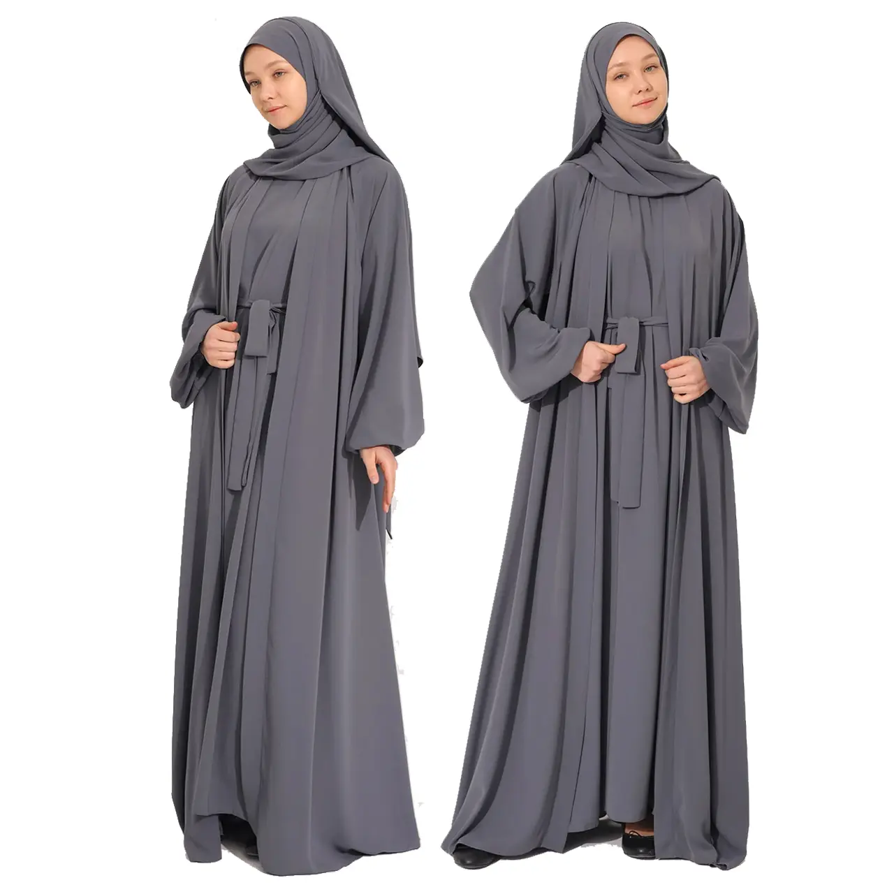 Jembar Tifa Abaya Salwa 3in1 Outer Nyatu Tangan Balon Modest Elegant Bishop Sleeve Belted Maxi Long Dress Dubai Islamic Clothing Islam Wanita Muslim Hitam Iron Grey Airflow Casual Crinkle Lembut Gamis Basic Syari Simple