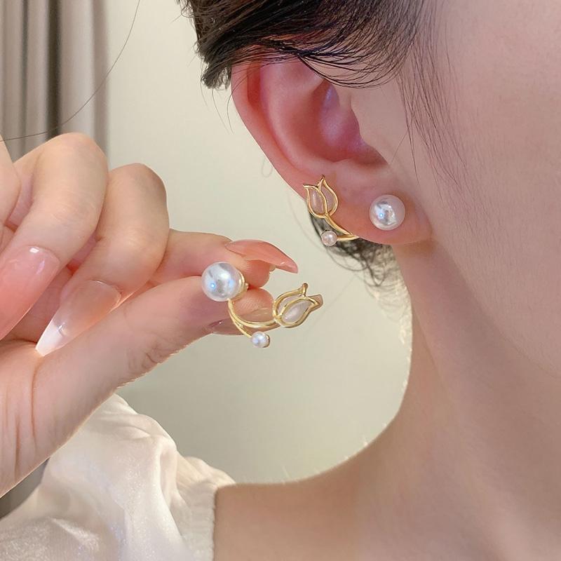 COD ❤️ Anting-anting Mutiara Bunga Tulip Perasaan Tingkat Lanjut Anting-Anting Indah Temperamen Elegan-Bellamy's 5