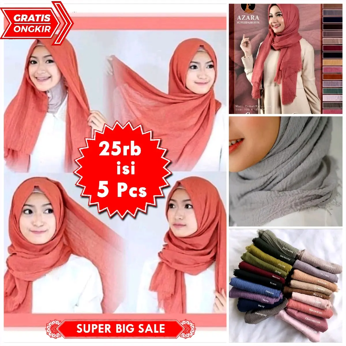 BIG PROMO HIJAB PASHMINA CRINCLE 25rb isi 5pcs