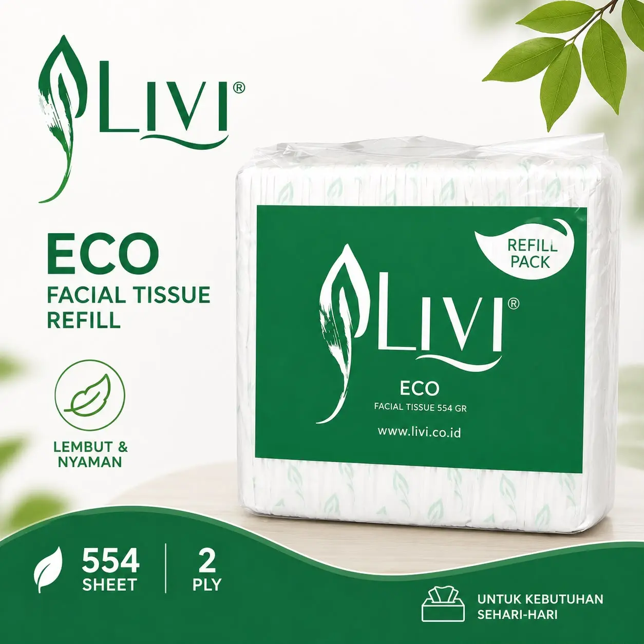 LIVI ECO Facial Tissue Refill Pack 554 Sheet 2 Ply Harga Satuan