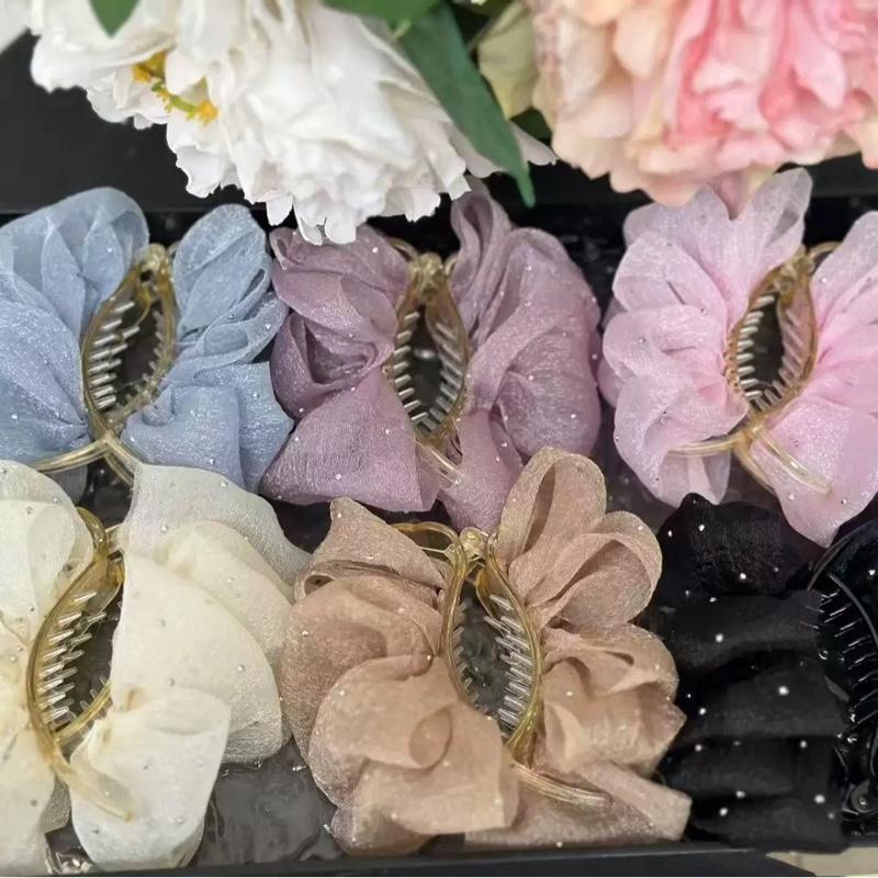 [Kẹp búi 3 răng] Kẹp tóc càng cua bản lớn, nơ voan bong bóng đính kim sa lấp lánh Hàn Quốc