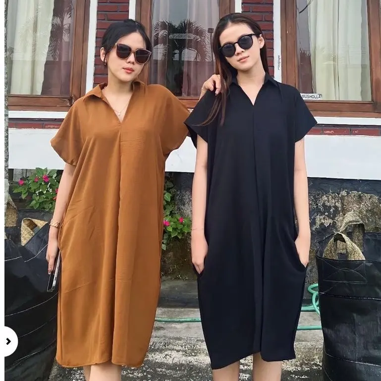 daster midi wanita dewasa kerah V jumbo rayon crinkle airflow premium korean style kekinian terbaru dress JUMBO LD 120 Remaja Busui Nyaman