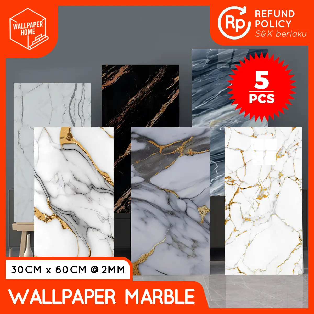 [ISI 5 PCS] Wallpaper Marble Lembaran PVC Motif Marmer Granit 30cm x 60cm Anti Air Anti Noda Anti Panas - Dinding