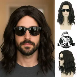 BAKOEL WIG PRIA RAMBUT PANJANG KERITING BEROMBAK BELAH TENGAN PANJANG 45 CM SINTETIS FIBER PREMIUM Kode Bandel pendek Dewasa