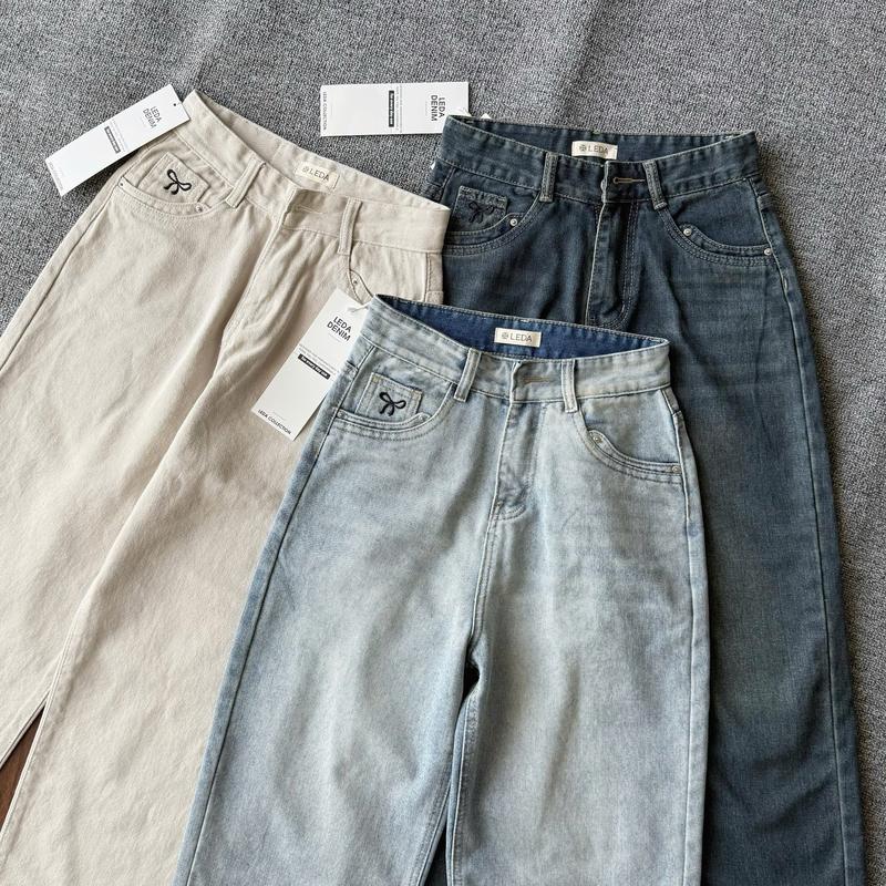  Quần Jean Nữ Dáng Suông Thêu Nơ Túi Sau LEDA Quần Bò Ống Suông Rộng Nấm Lùn 92cm Quần Rin Vải Mềm QC 