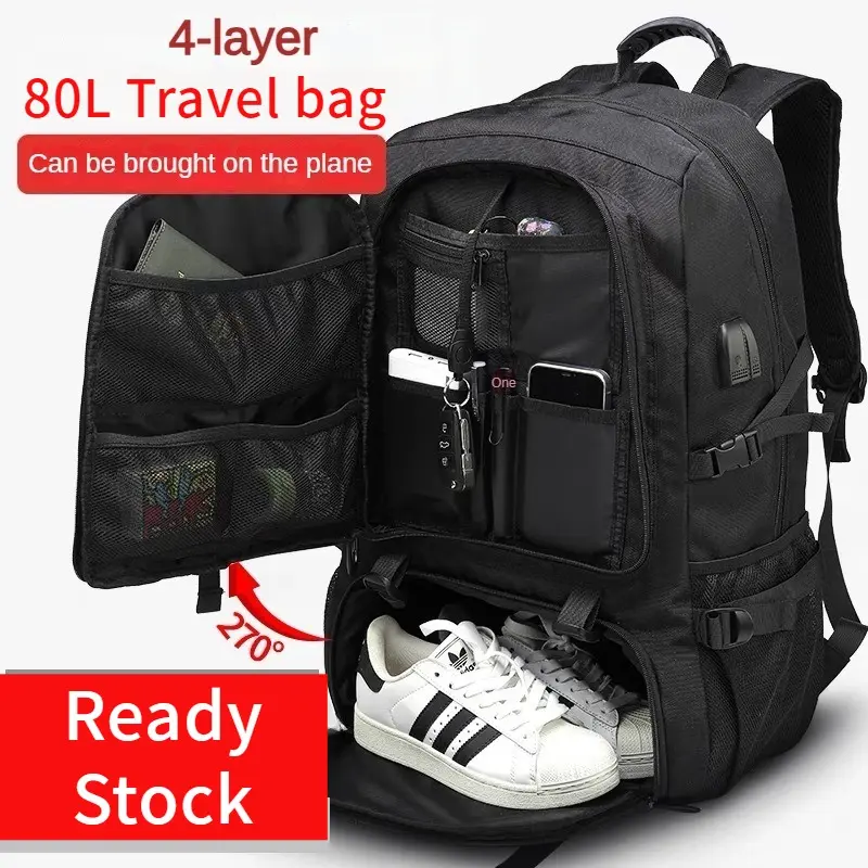 Ba lô du lịch, Dung tích 50-80L, dành cho nam giới, Không thấm nước, Sức Chứa Lớn, Thích hợp cho thể thao, với ngăn đựng giày, Ba lô Laptop, Tương thích với 15,6 / 17,3 inch