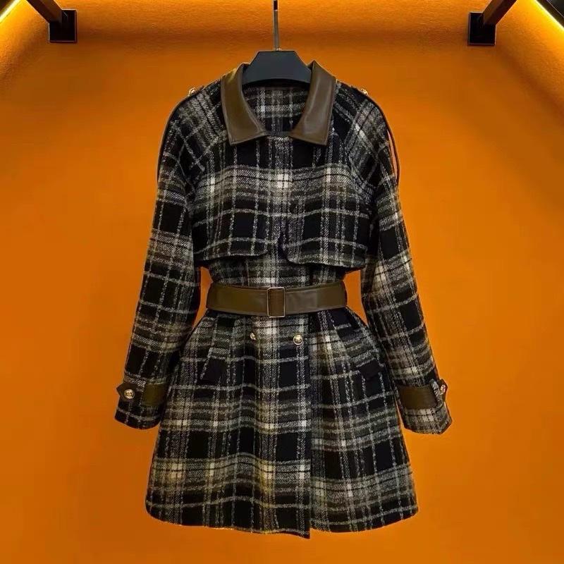 Áo dạ lông tho màu Kẻ dáng dài phối da kèm đai dày dặn ôhng cách tiểu thư điệu đà hàng Quảng châu cao cấp Top women