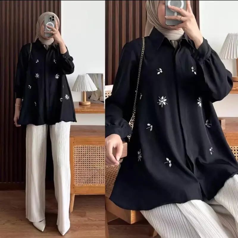 Kinaya Shakila blouse kemeja atasan fashion wanita kekinian Formal Kancing Muslim Panjang Santai Casual Hitam Katun Linen Kerja Basic Putih Crinkle Baju Airflow Oversize 3