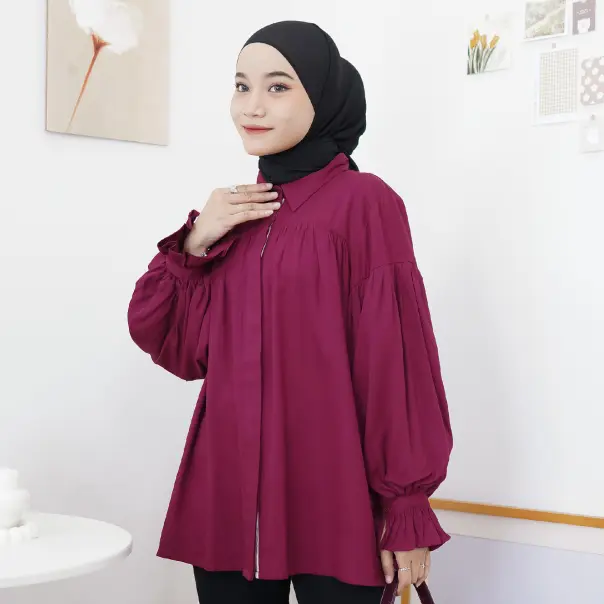 Blouse Wanita Lengan Panjang / Lopika Blouse Burgundy / baju Atasan Wanita Busui Friendly Jumbo / Atasan Lengan Balon Muslim Maroon Linen Kancing Katun Twill Oversize