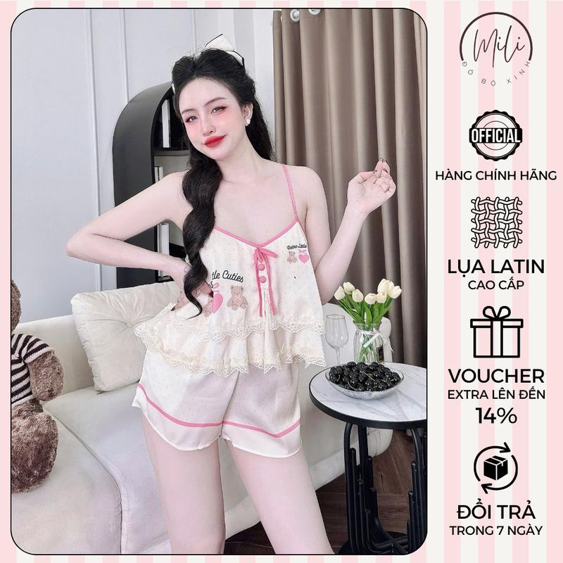 Đồ Ngủ Nữ, Đồ Bộ Mặc Nhà Lụa Latin Cao Cấp MiLi – Áo 2 Dây Croptop Thắt Nơ, Phối Ren 2 Tầng Nút Bọc – Quần Đùi Có Túi