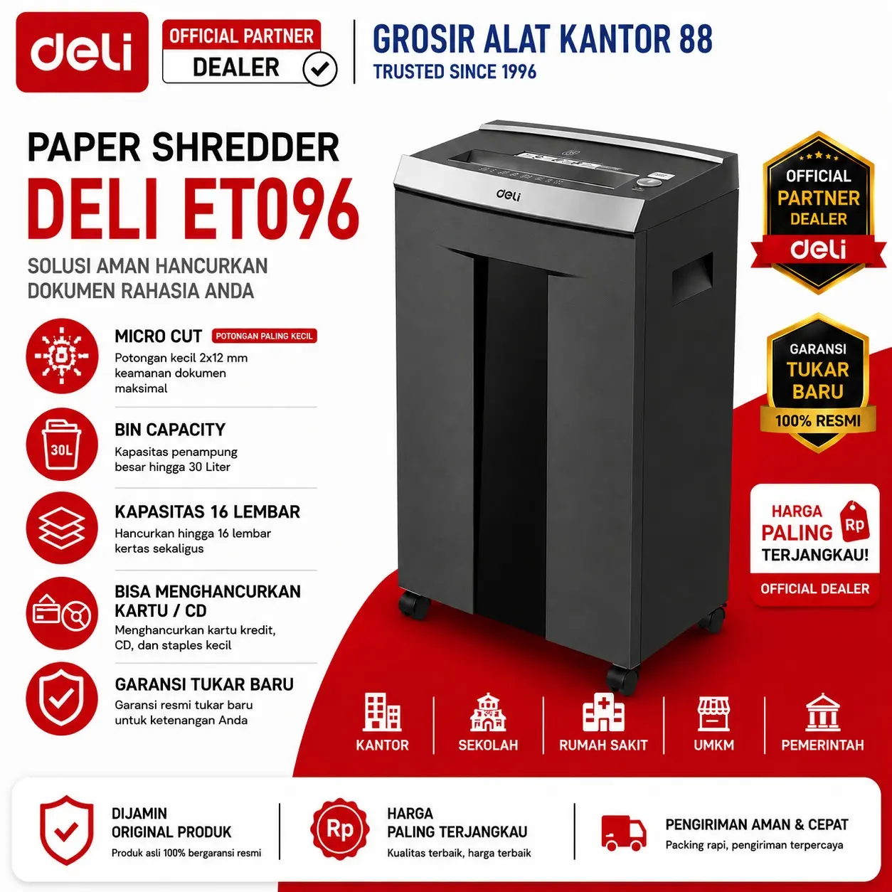 Paper Shredder DELI ET096 - Mesin Penghancur Kertas 16 LEMBAR 60 Menit Nonstop