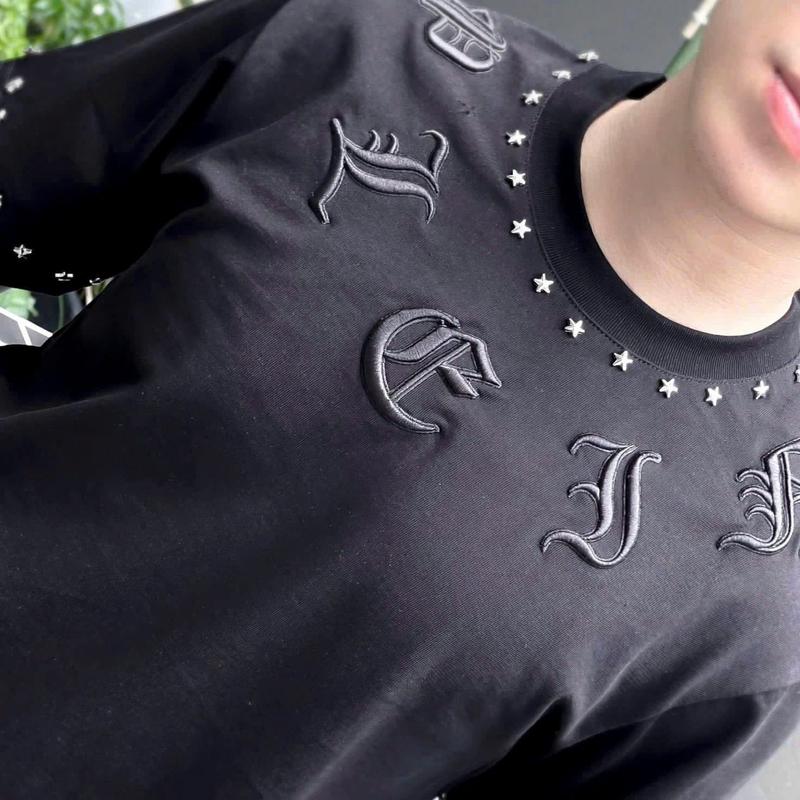 Áo phông Đính Đá ngôi sao quanh vành cổ Phối chữ in đập nổi, unisex nam nữ vải cotton Hàng L1 Cao Cấp hot trend