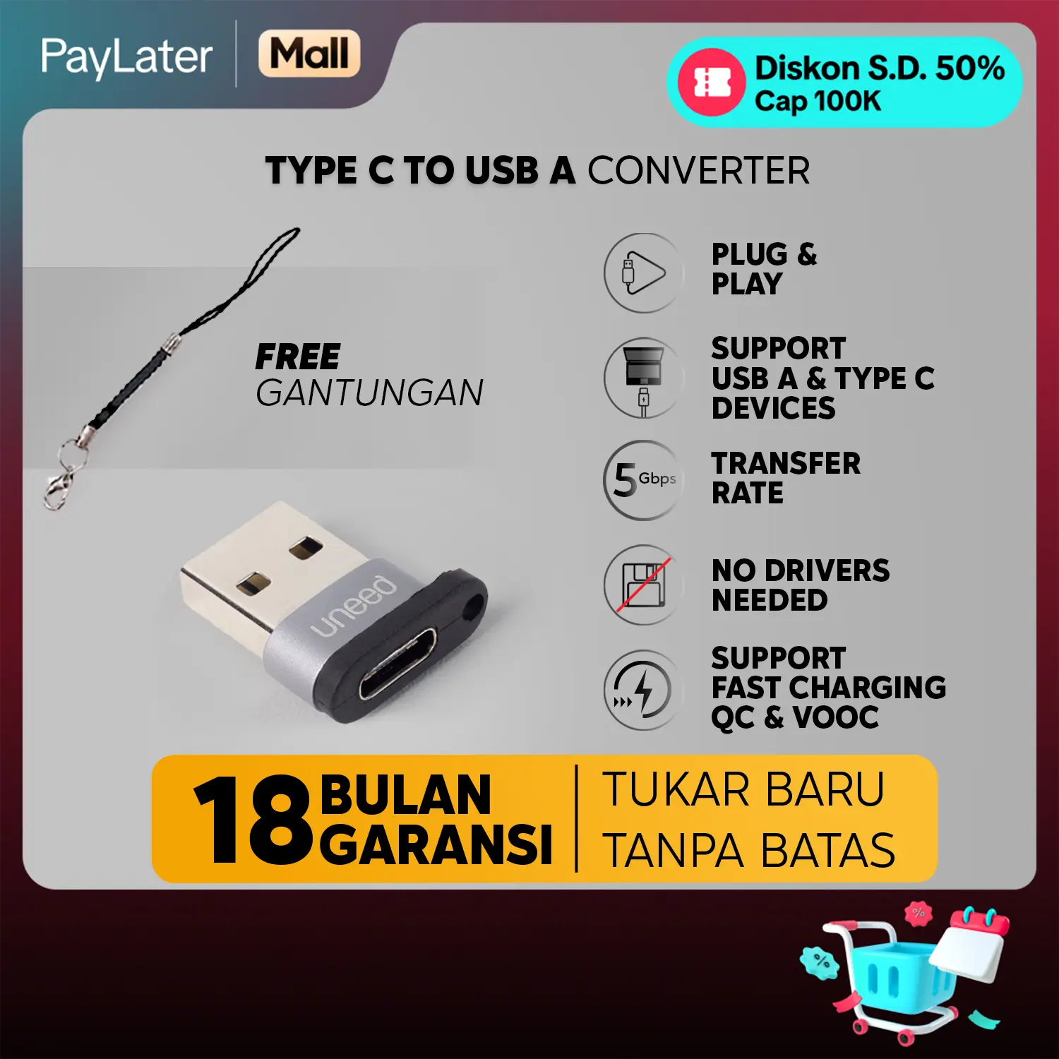UNEED USB OTG 2.0 Type C to USB A Adapter Converter - UAT02CA