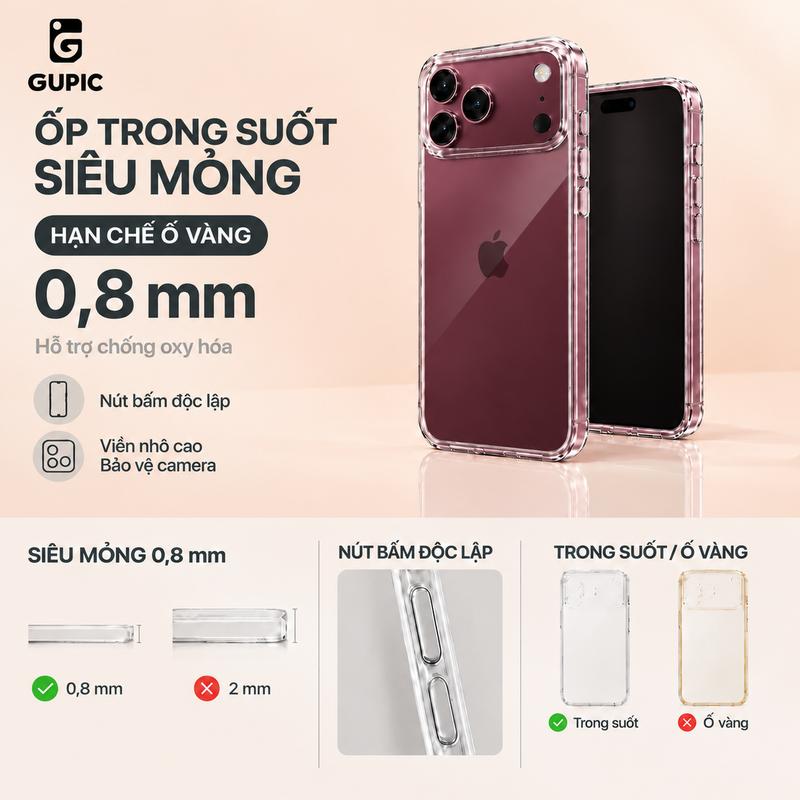 Ốp điện thoại siêu mỏng, linh hoạt và chống vàng (độ dày 0,8 mm); tương thích với các mẫu iphone 13, 14, 15, 16, 17 và 18 (bao gồm phiên bản Pro và Pro Max) với độ vừa vặn chính xác.