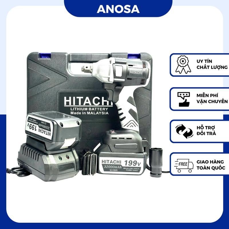 Máy Siết Bulong Hitachi 199v, Máy Bắn Bulong Đầu Bulong 2 Trong 1 - Động Cơ Không Chổi Than, Lõi Đồng - Chân Pin Phổ Thông